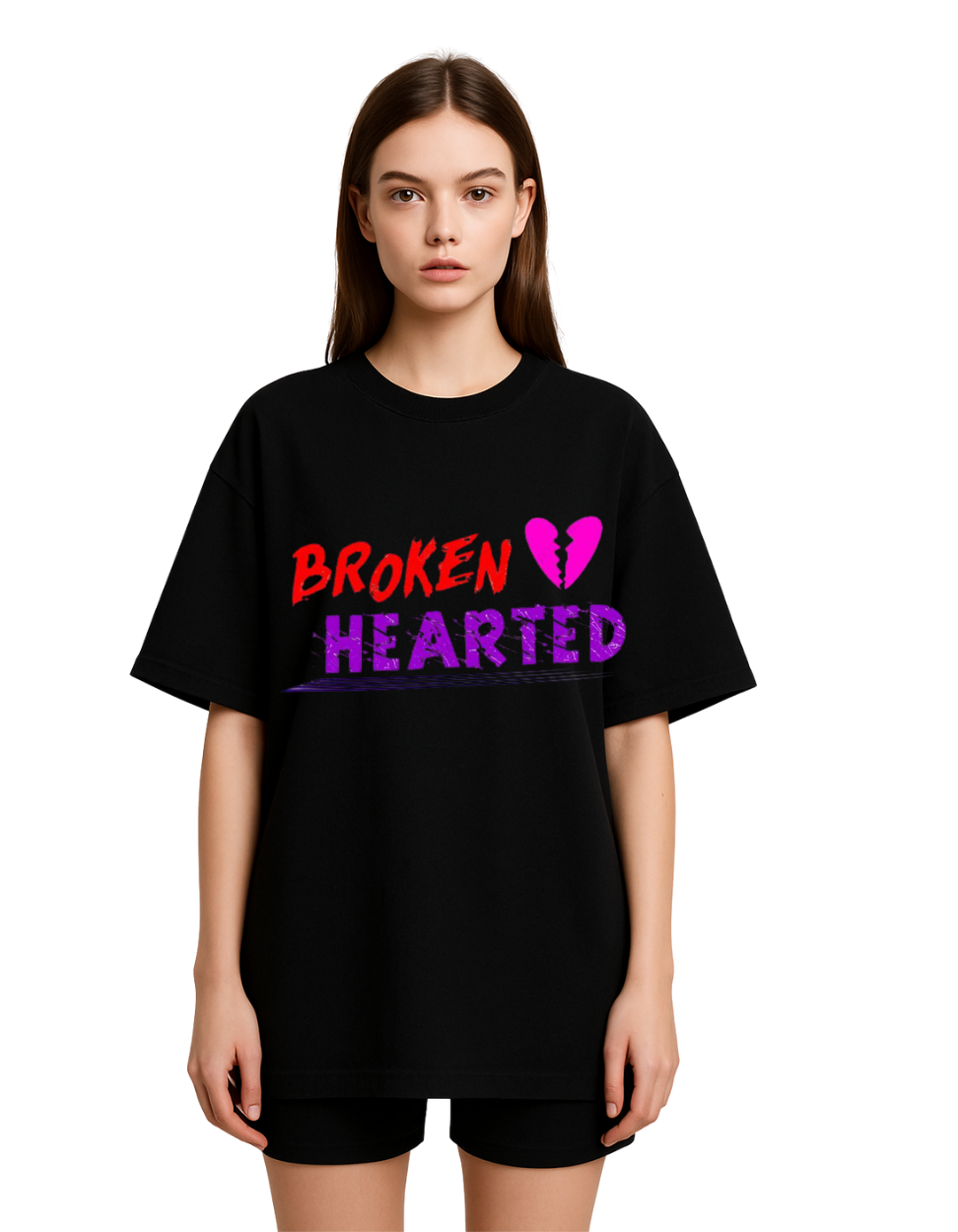 Broken Hearted Oversized Black T-Shirt for Women – Trendy Graphic Streetwear