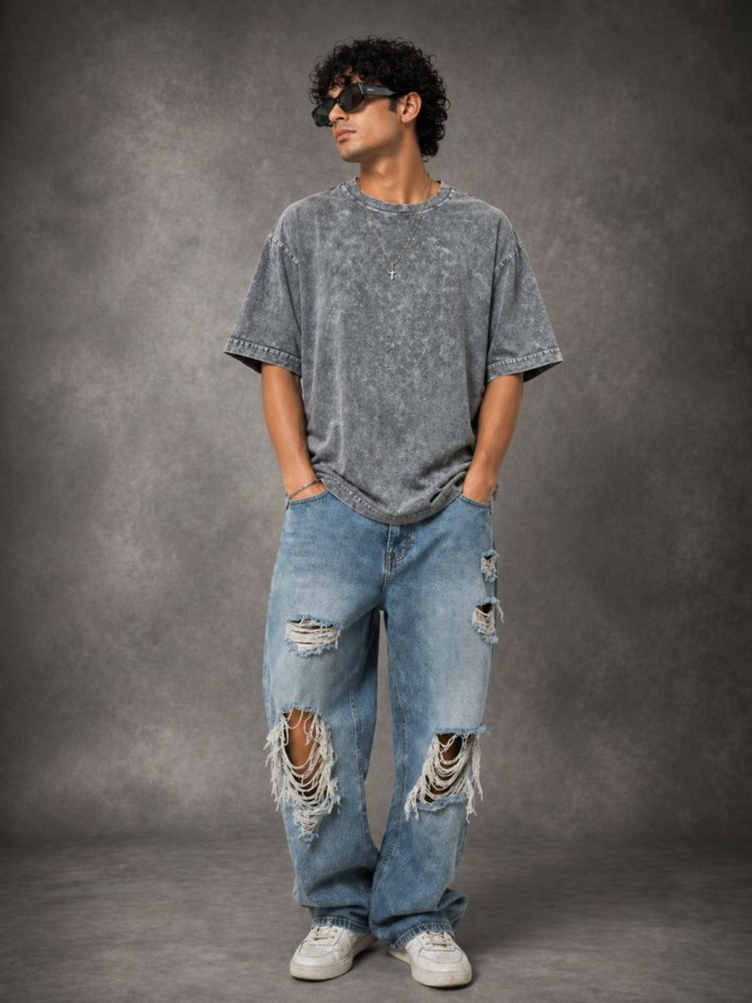 Freshlooms Oversized StoneWash T-Shirt – 240 GSM Premium Cotton | Vintage Grey Streetwear Fit