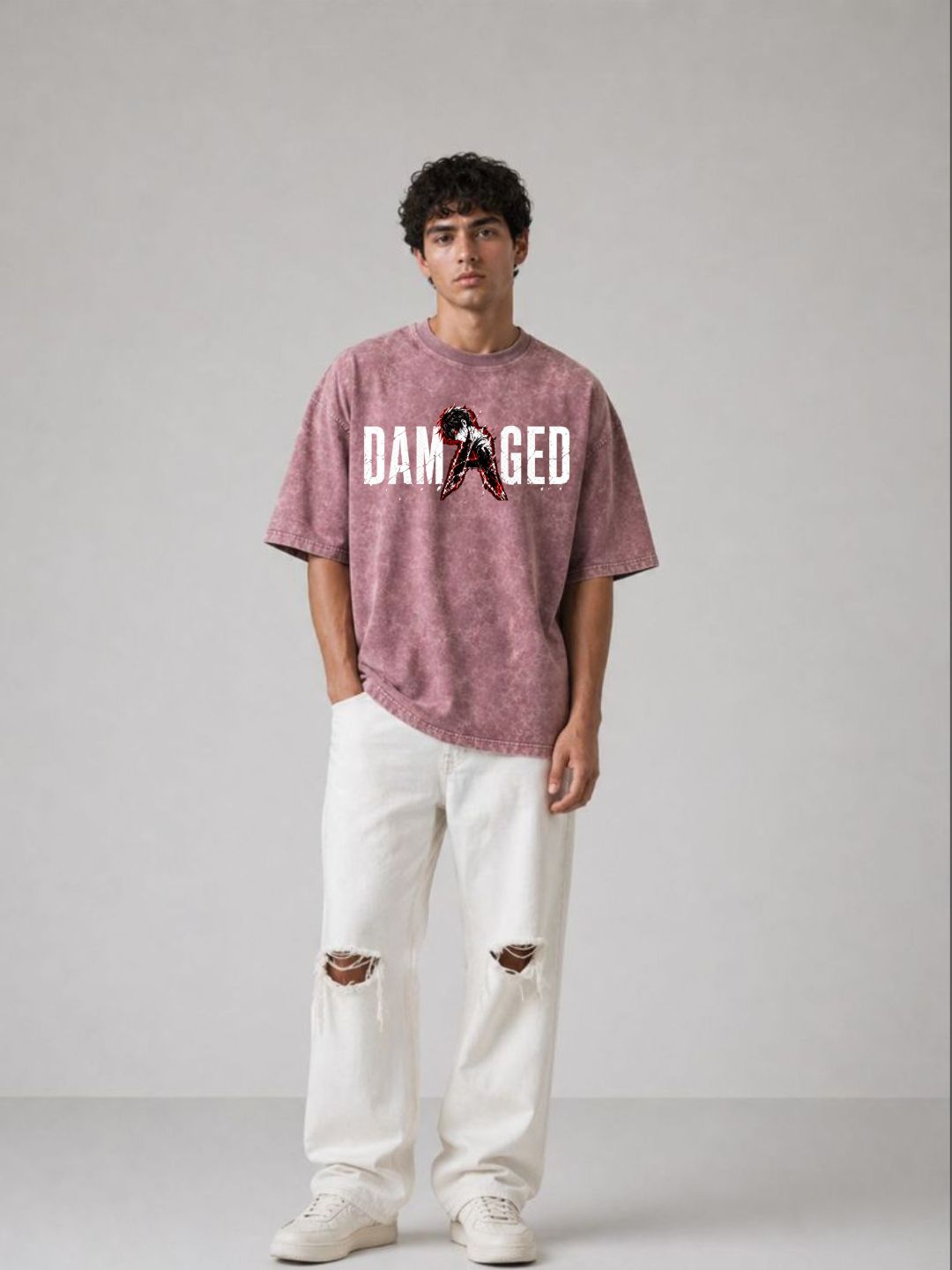 Freshlooms DAMAGED Men Oversized Acid Wash Graphic Printed T-Shirt