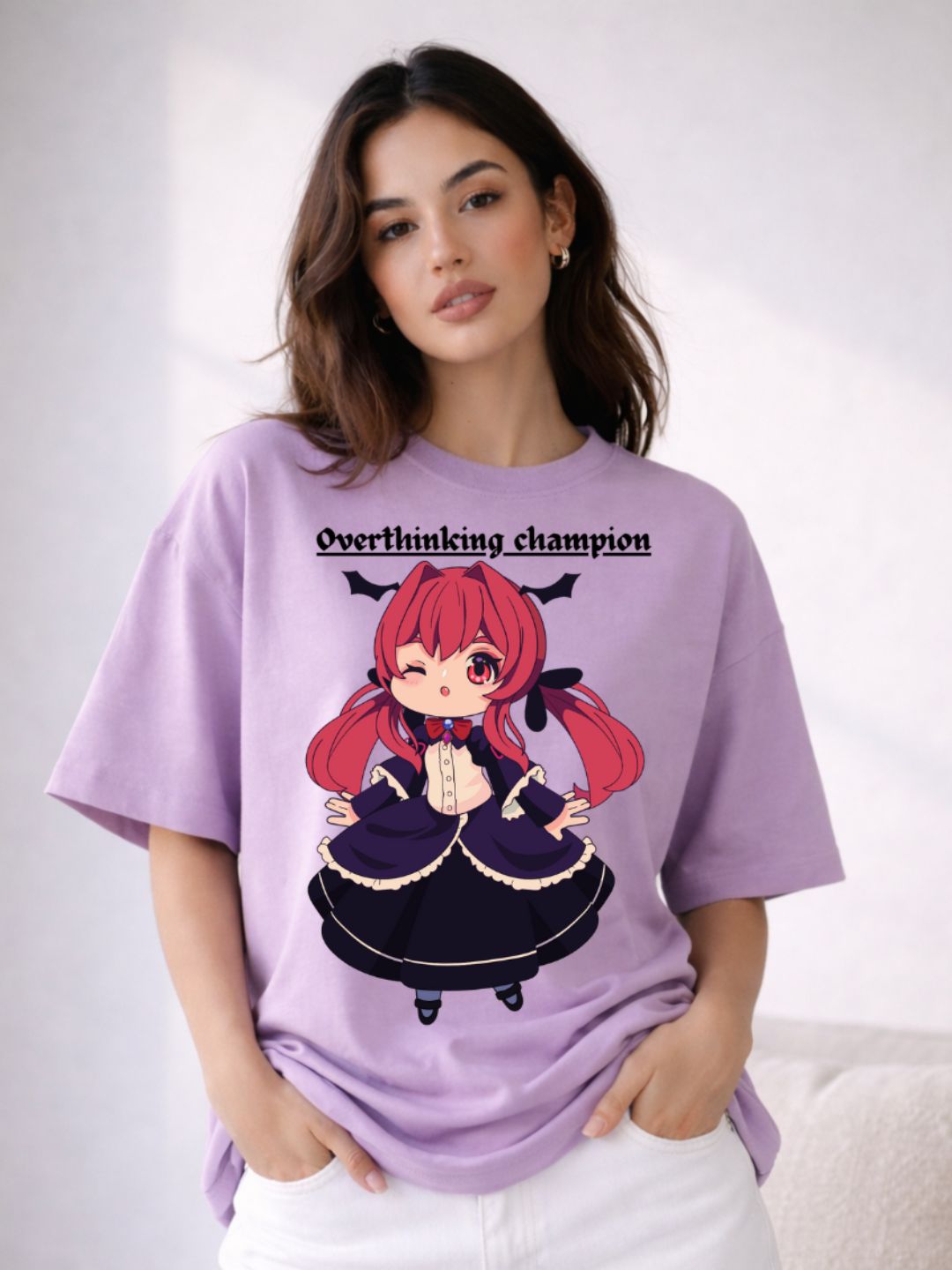 Overthinking Champion Oversized T-Shirt – Lavender Anime Luxury Streetwear
