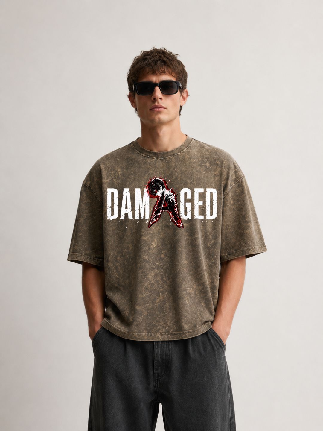 Freshlooms DAMAGED Oversized Acid Wash Anime Graphic T-Shirt for Men