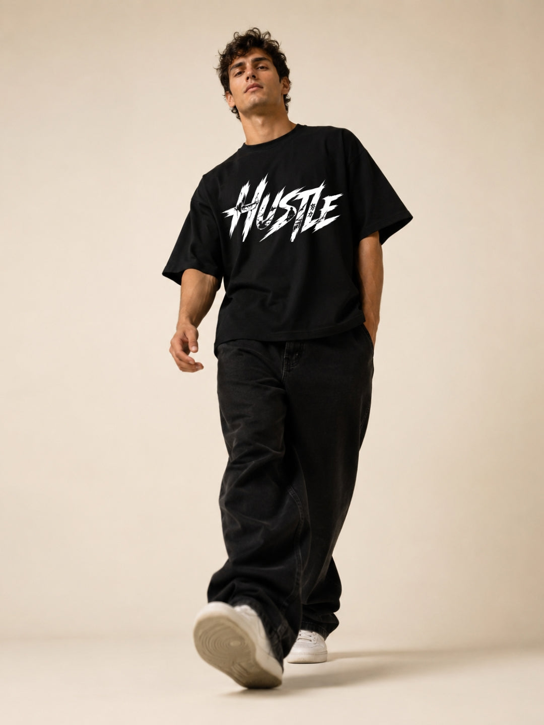 Freshlooms Hustle Oversized BLACK T-Shirt for Men – Premium Black Graphic Streetwear Tee