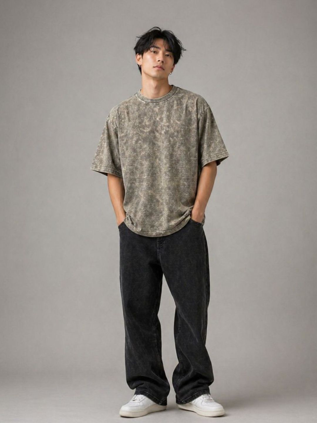 Freshlooms Oversized Stone Wash T-Shirt – Smoky Olive | 240 GSM Heavyweight Cotton | Drop Shoulder