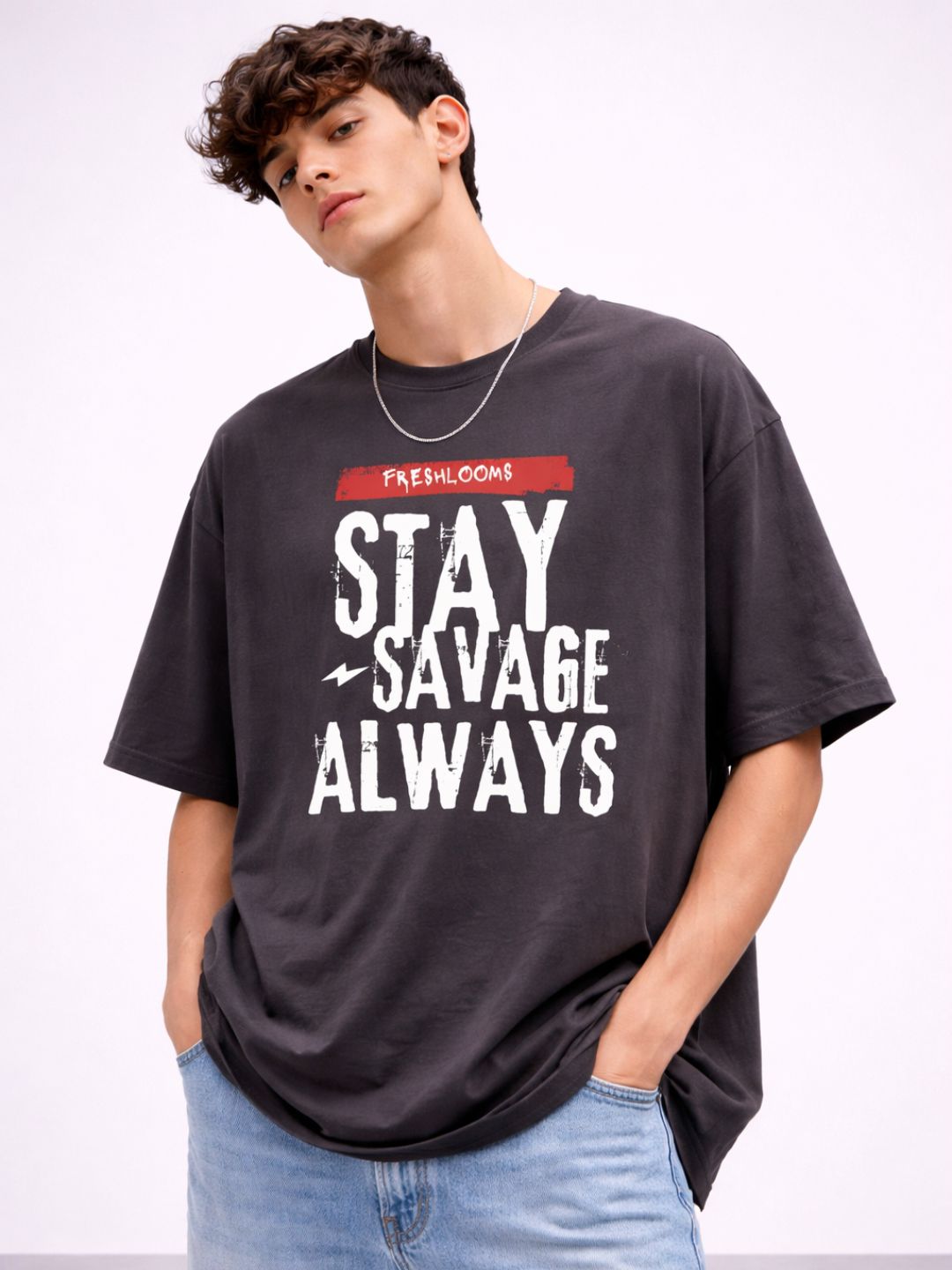 Freshlooms Men Charcoal Grey Oversized T-Shirt | 240 GSM Cotton | Stay Savage Always Graphic | Streetwear Fit