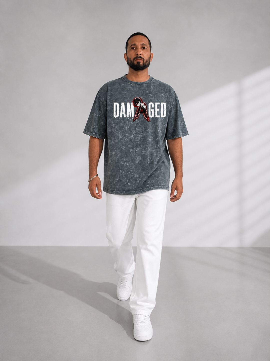 Freshlooms DAMAGED Men Oversized Acid Wash Graphic Printed T-Shirt
