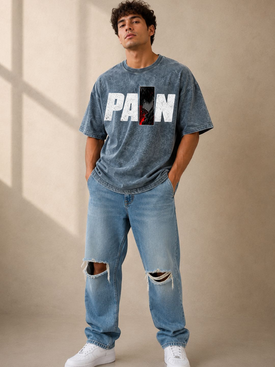 Freshlooms “PAIN” Men Oversized Acid Wash T-Shirt – Grey