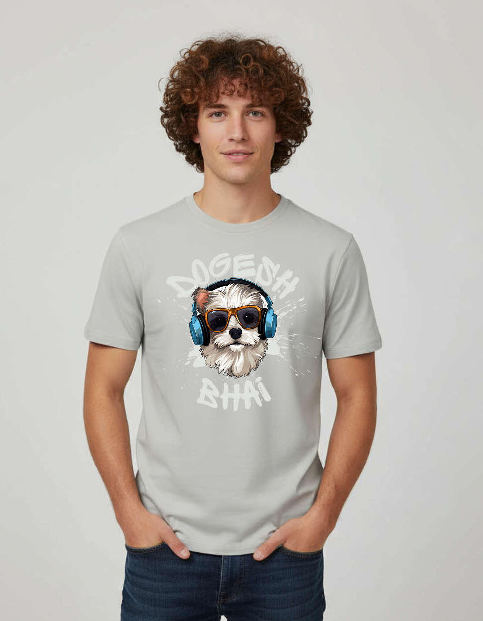 Dogesh Bhai Graphic T-Shirt for Men | Cool Dog Headphone Print Tee – Freshlooms