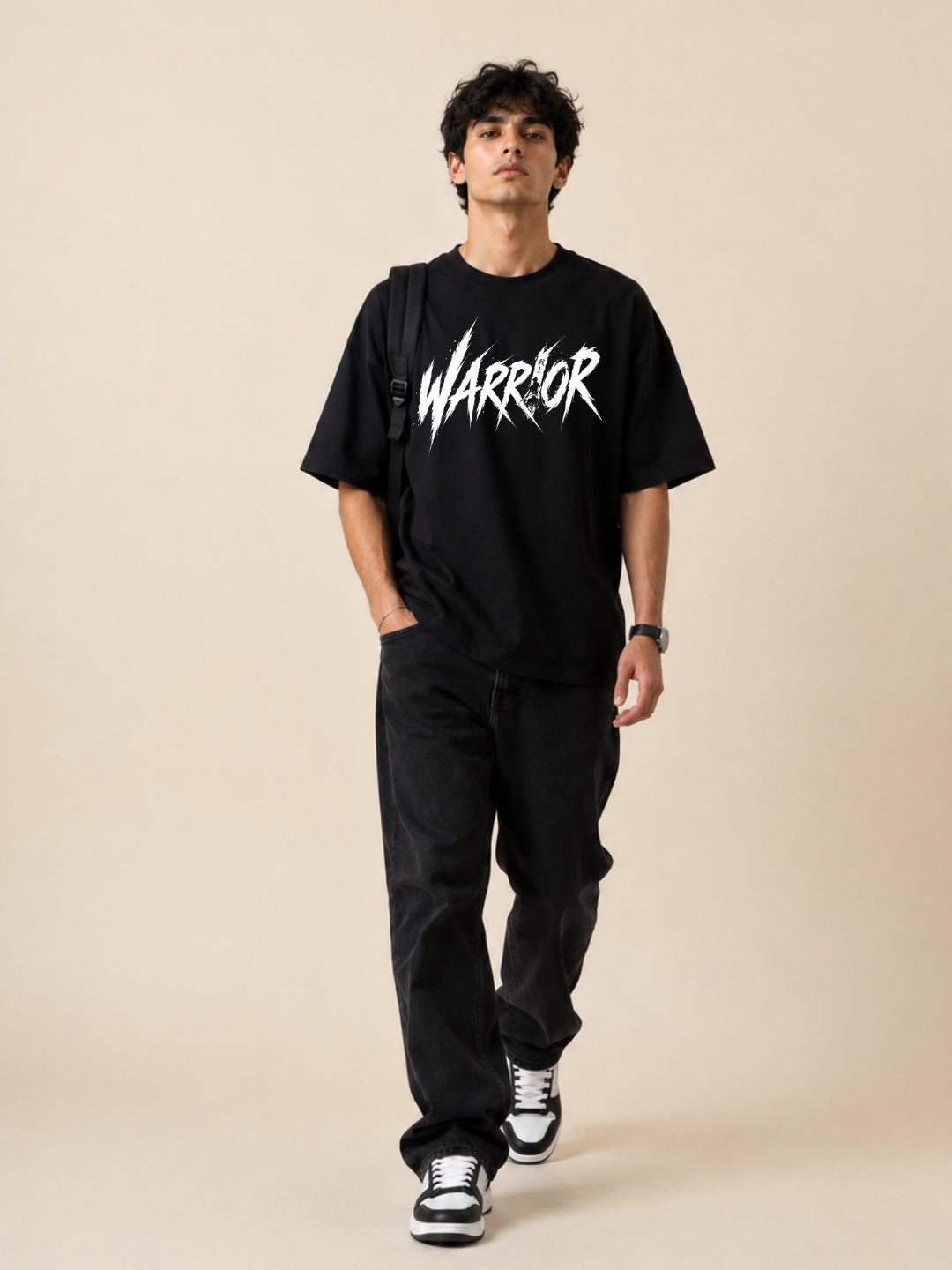 Freshlooms Warrior Graphic Printed Oversized T-Shirt for Men | Premium Cotton Drop Shoulder Loose Fit Streetwear Tee | Black