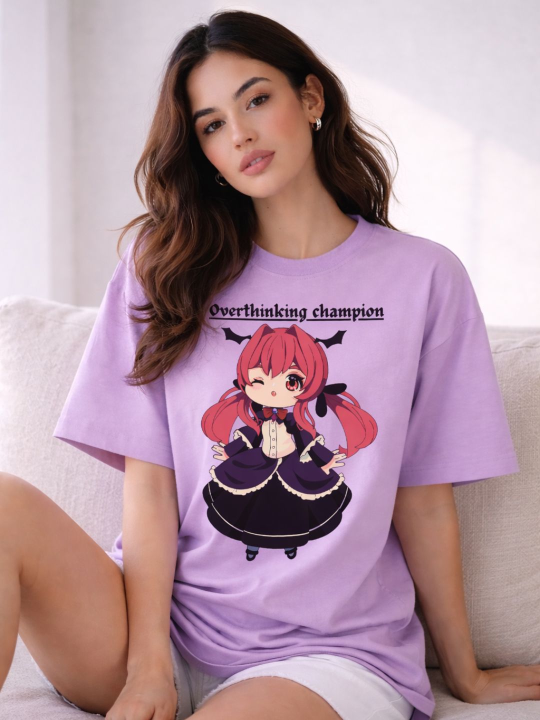 Overthinking Champion Oversized T-Shirt – Lavender Anime Luxury Streetwear
