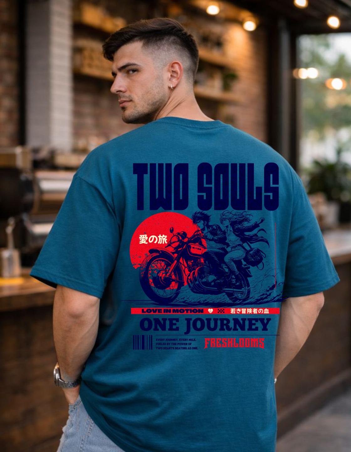 Freshlooms Men Oversized Premium Cotton T-Shirt – Two Souls One Journey Back Print | Streetwear Graphic Tee