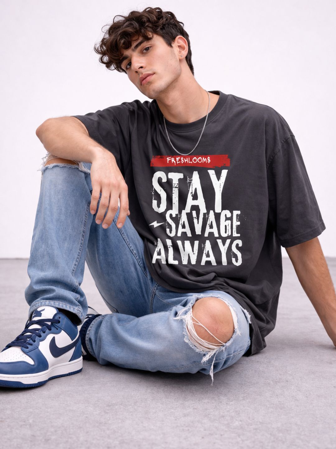 Freshlooms Men Charcoal Grey Oversized T-Shirt | 240 GSM Cotton | Stay Savage Always Graphic | Streetwear Fit