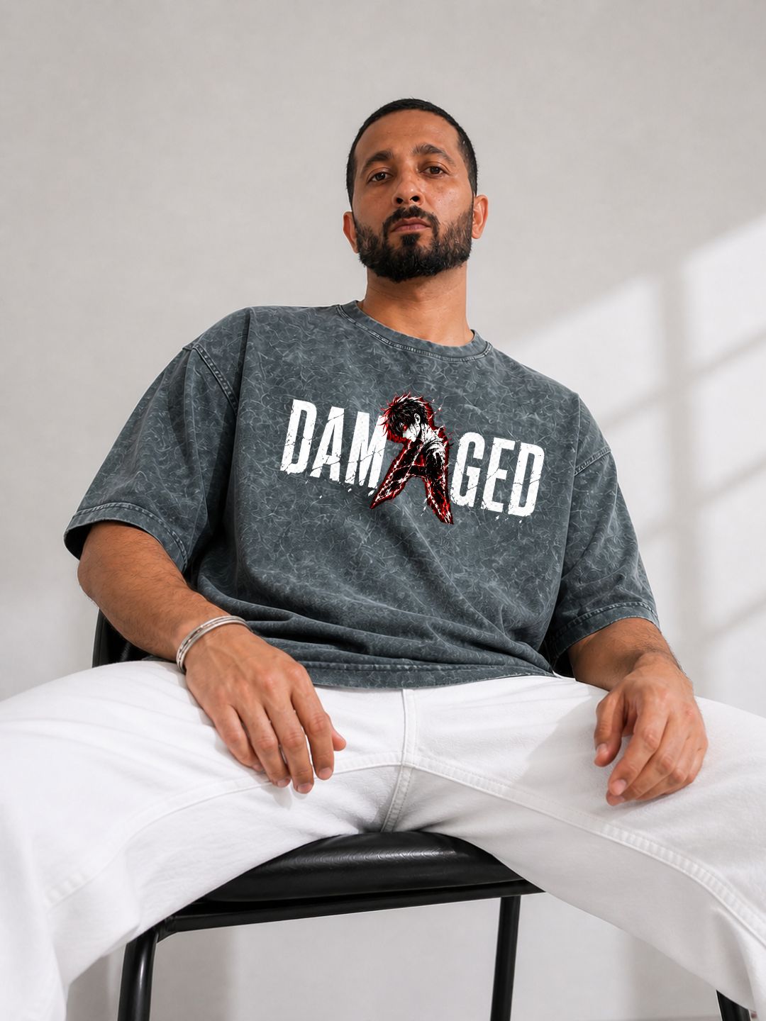 Freshlooms DAMAGED Men Oversized Acid Wash Graphic Printed T-Shirt