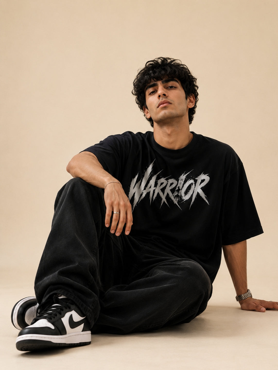 Freshlooms Warrior Graphic Printed Oversized T-Shirt for Men | Premium Cotton Drop Shoulder Loose Fit Streetwear Tee | Black