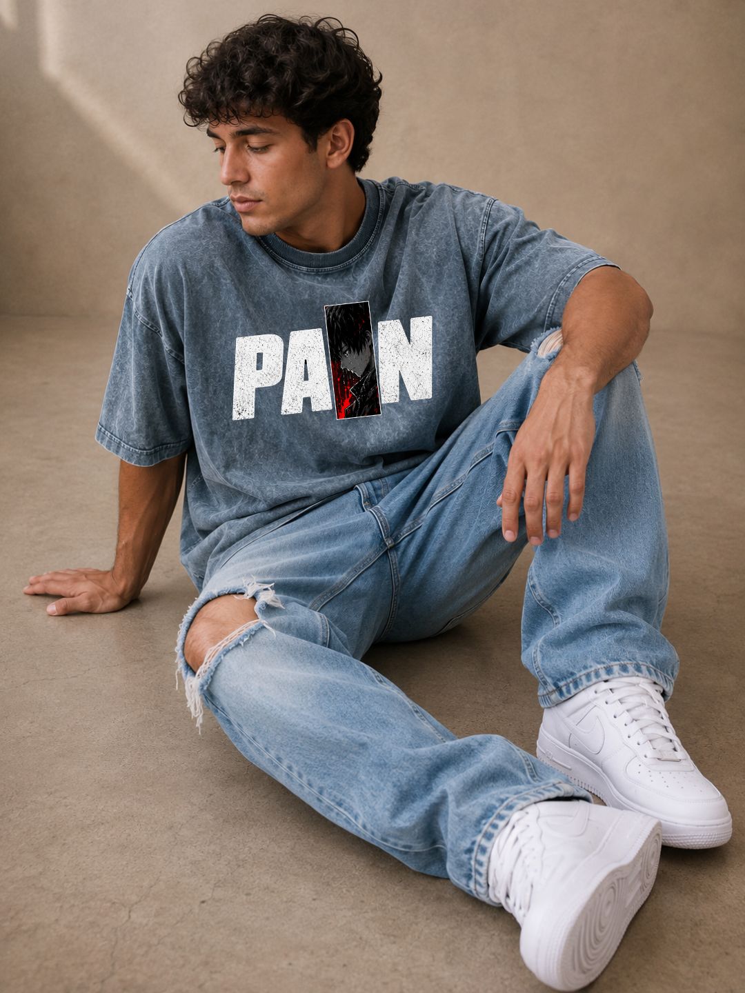 Freshlooms “PAIN” Men Oversized Acid Wash T-Shirt – Grey