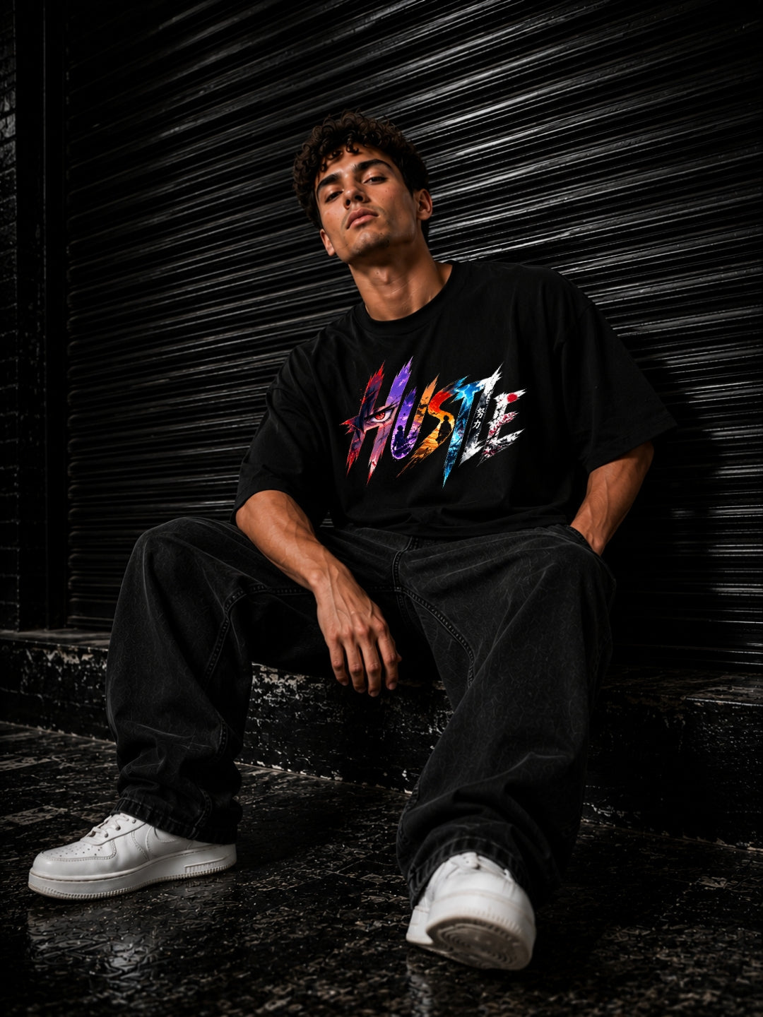 Freshlooms Men Oversized Pure Cotton Graphic Printed Streetwear T-Shirt – Black