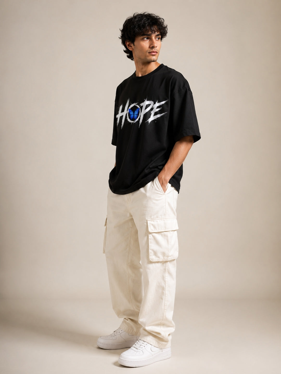 Freshlooms Men Typography Printed Oversized Pure Cotton T-Shirt | Drop Shoulder | Black