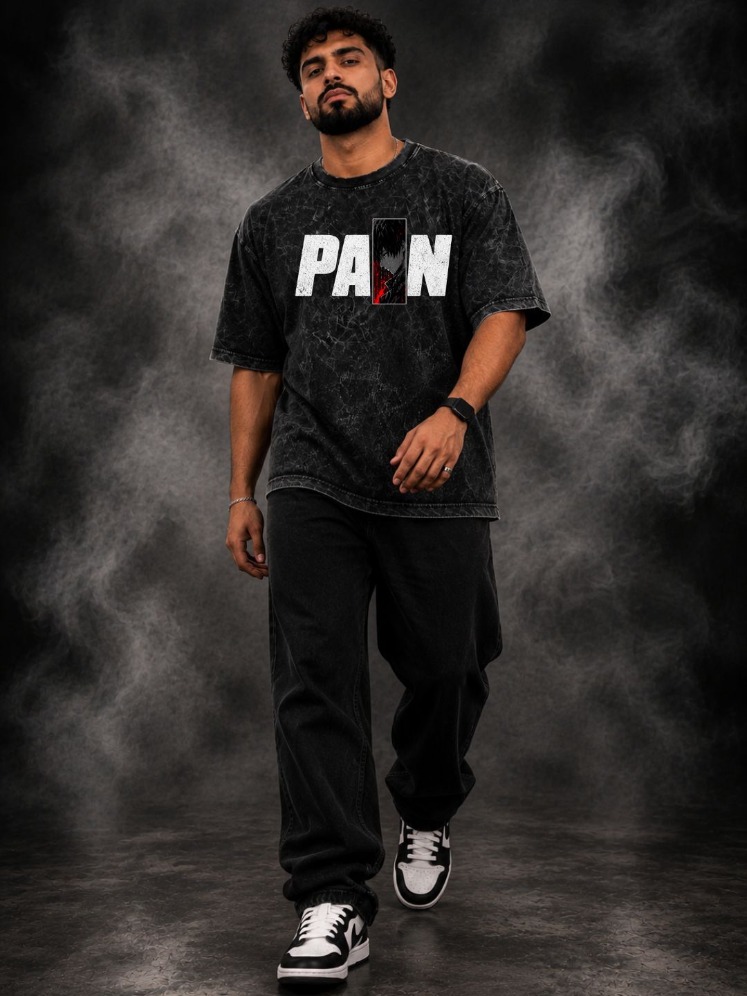 Freshlooms “PAIN” Acid Wash Oversized T-Shirt – Black