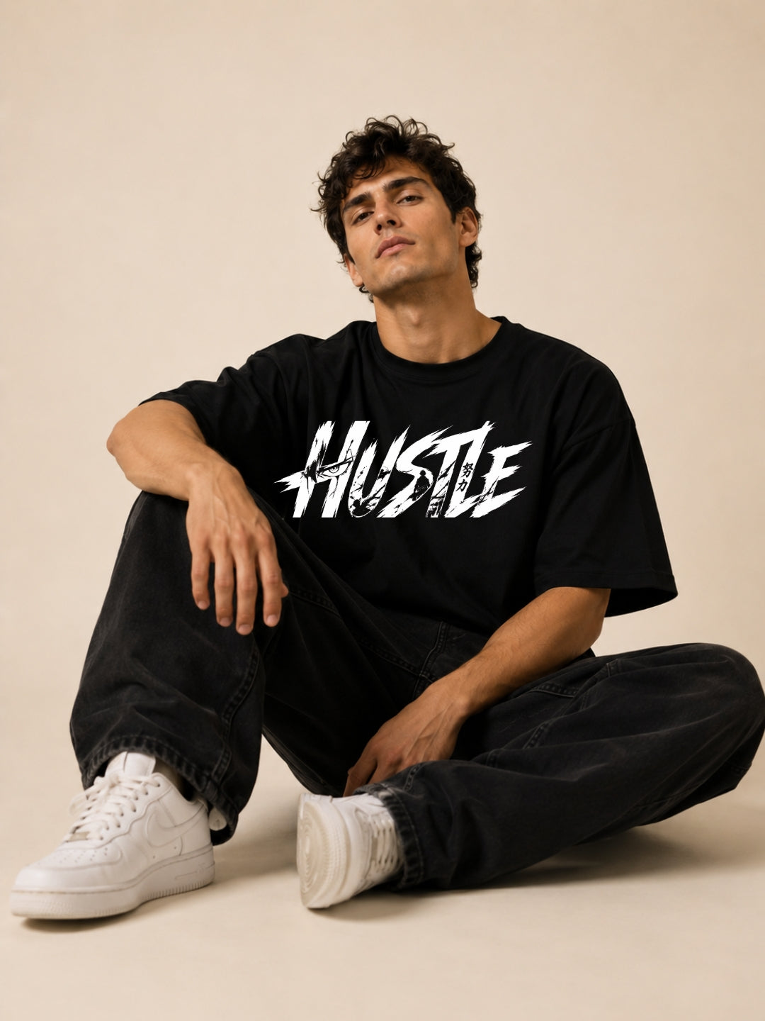 Freshlooms Hustle Oversized BLACK T-Shirt for Men – Premium Black Graphic Streetwear Tee