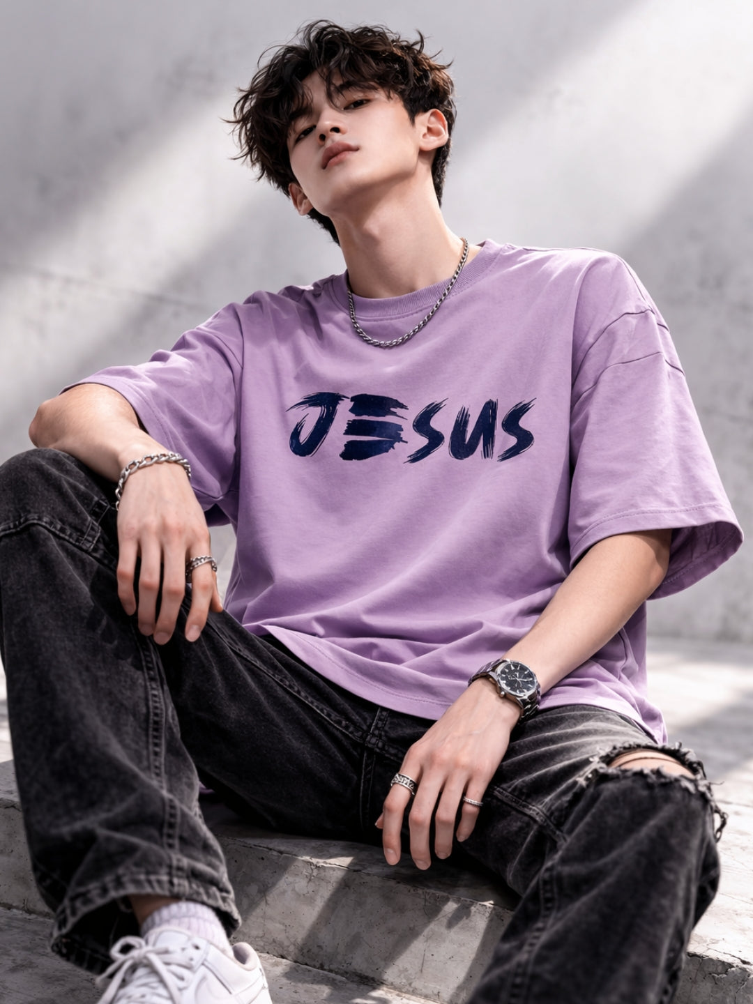 JESUS Oversized T-Shirt – Lavender Faith-Inspired Luxury Streetwear