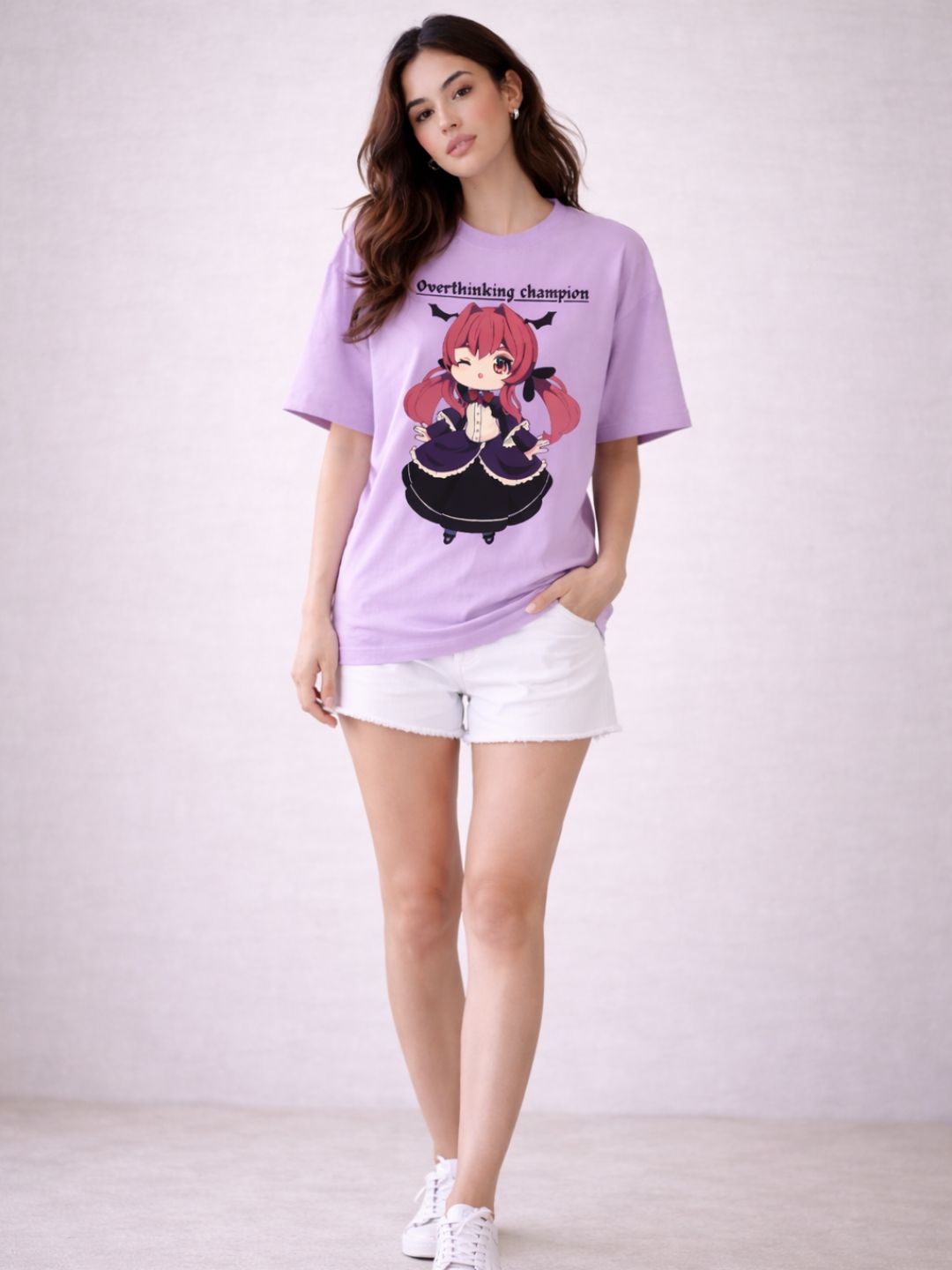 Overthinking Champion Oversized T-Shirt – Lavender Anime Luxury Streetwear