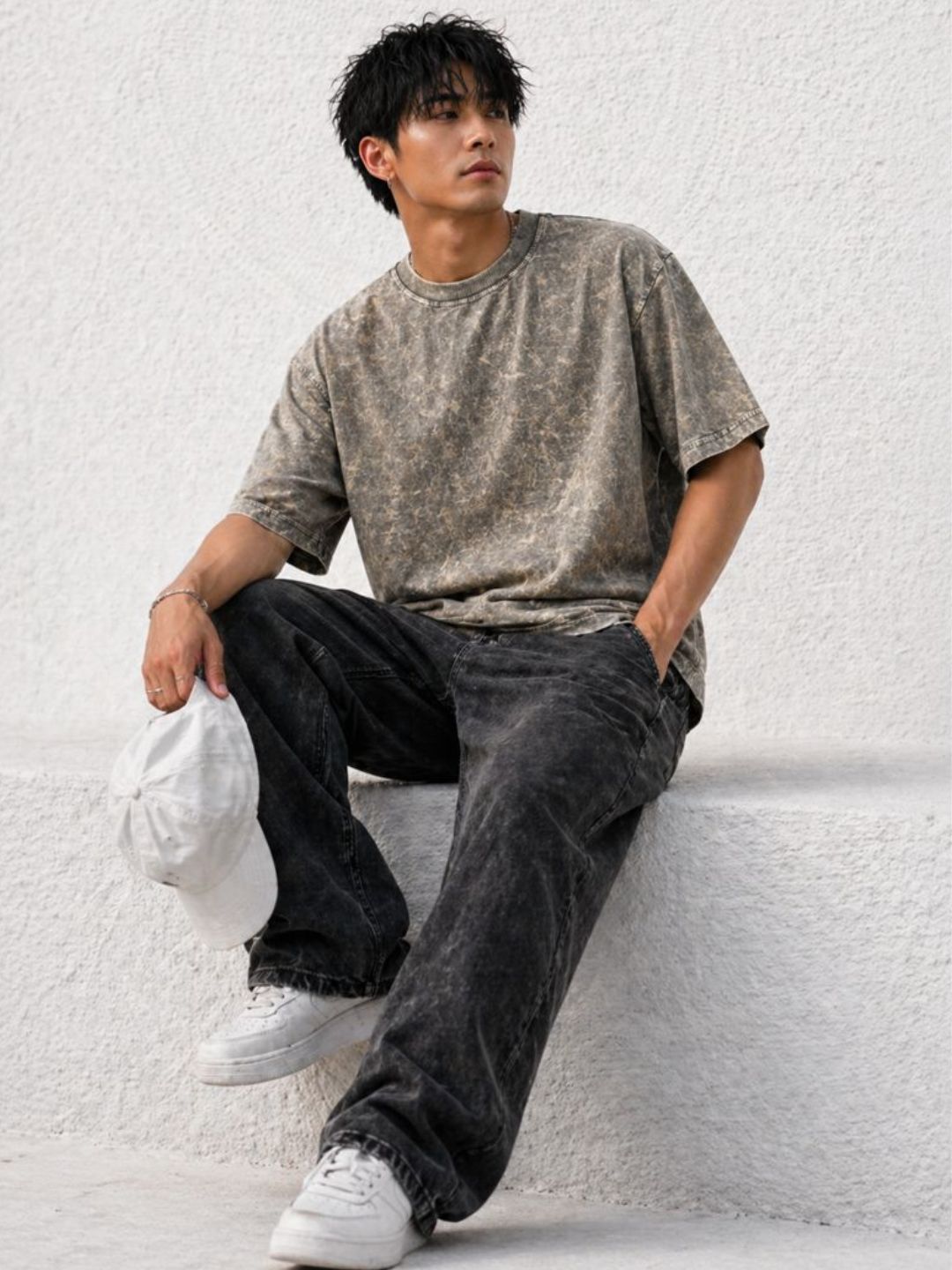 Freshlooms Oversized Stone Wash T-Shirt – Smoky Olive | 240 GSM Heavyweight Cotton | Drop Shoulder