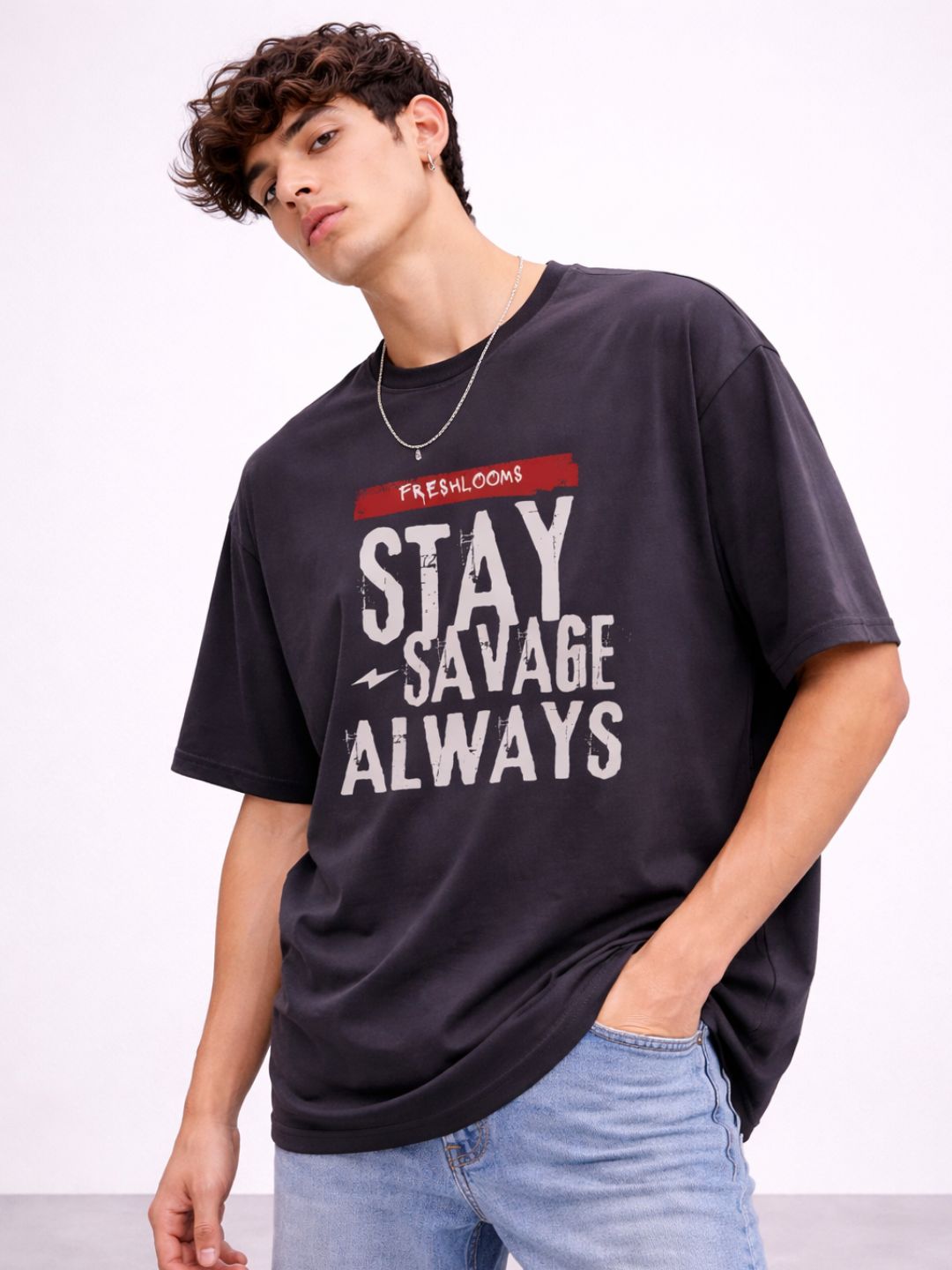 Freshlooms Men Charcoal Grey Oversized T-Shirt | 240 GSM Cotton | Stay Savage Always Graphic | Streetwear Fit