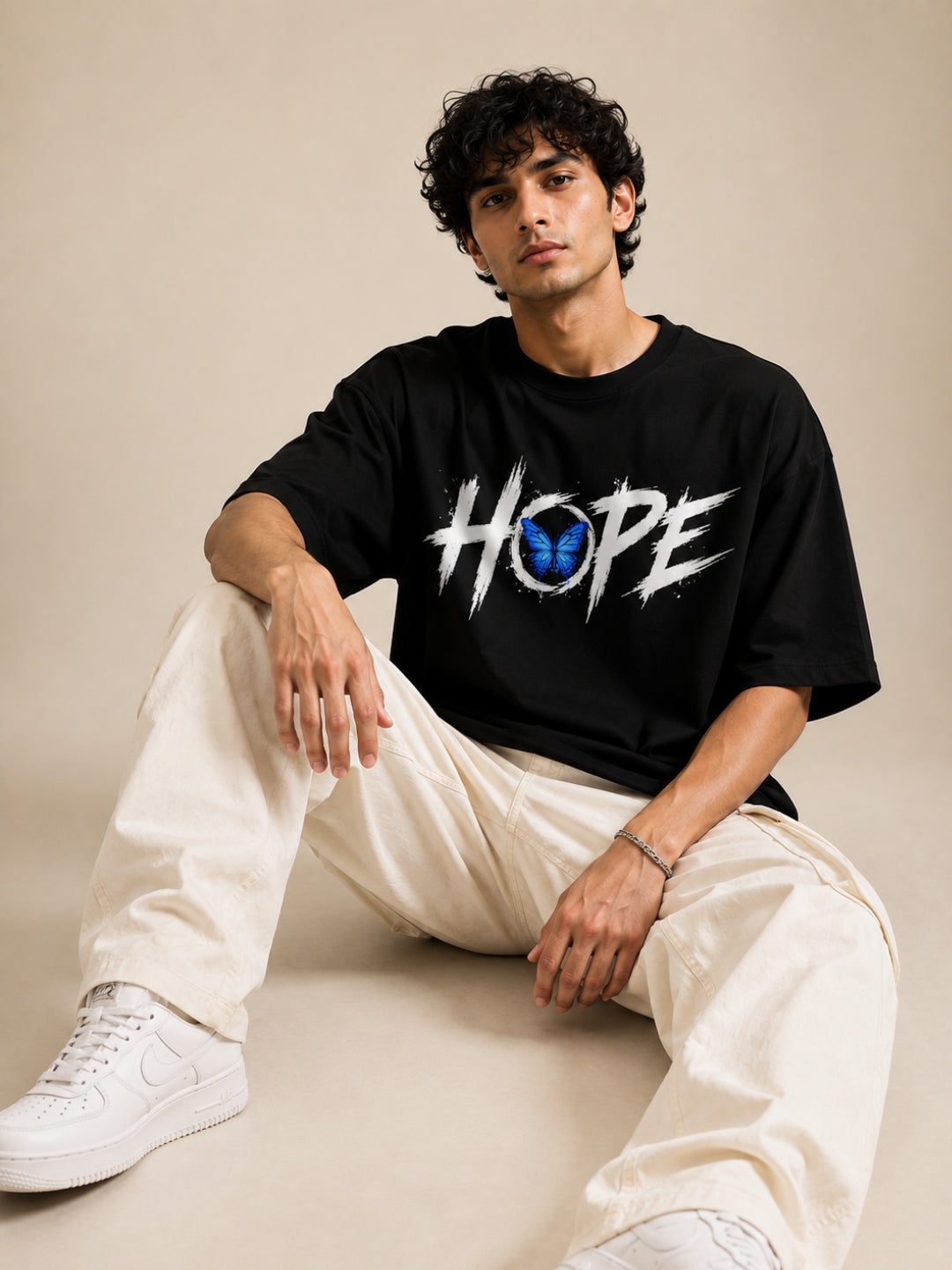 Freshlooms Men Typography Printed Oversized Pure Cotton T-Shirt | Drop Shoulder | Black