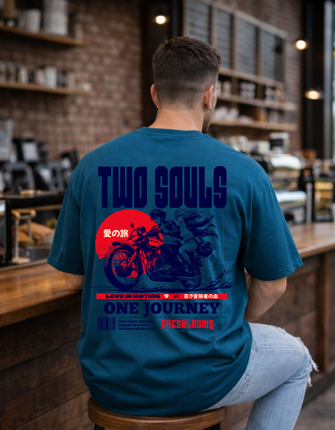 Freshlooms Men Oversized Premium Cotton T-Shirt – Two Souls One Journey Back Print | Streetwear Graphic Tee