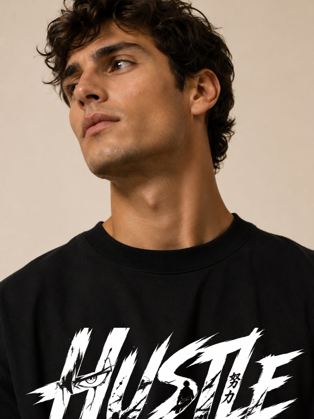 Freshlooms Hustle Oversized BLACK T-Shirt for Men – Premium Black Graphic Streetwear Tee