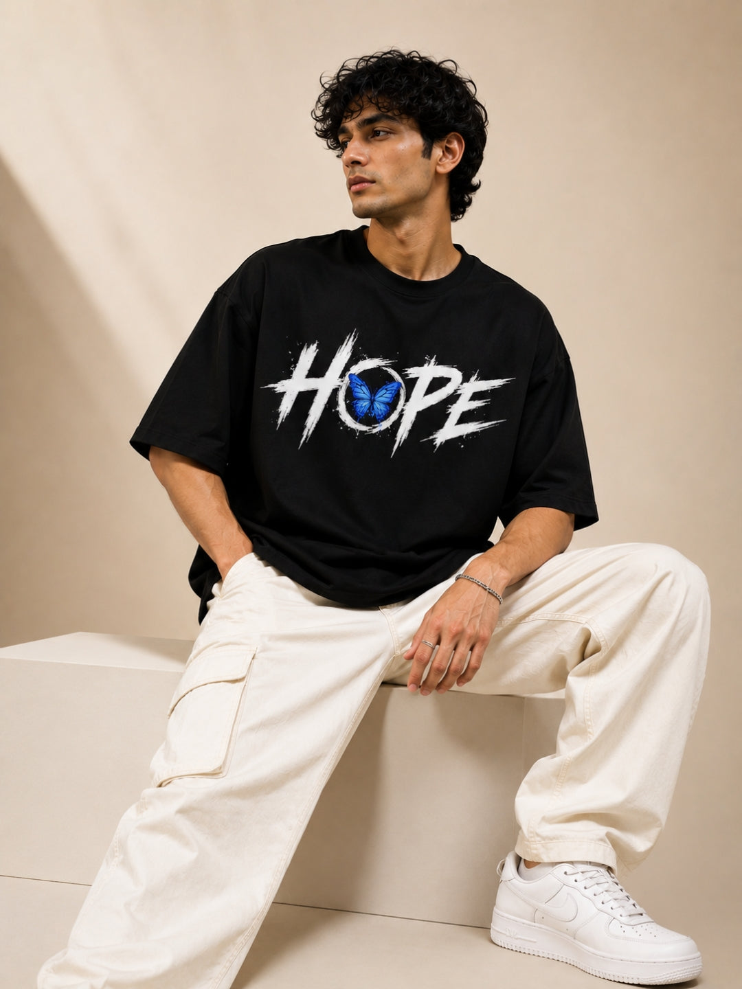 Freshlooms Men Typography Printed Oversized Pure Cotton T-Shirt | Drop Shoulder | Black