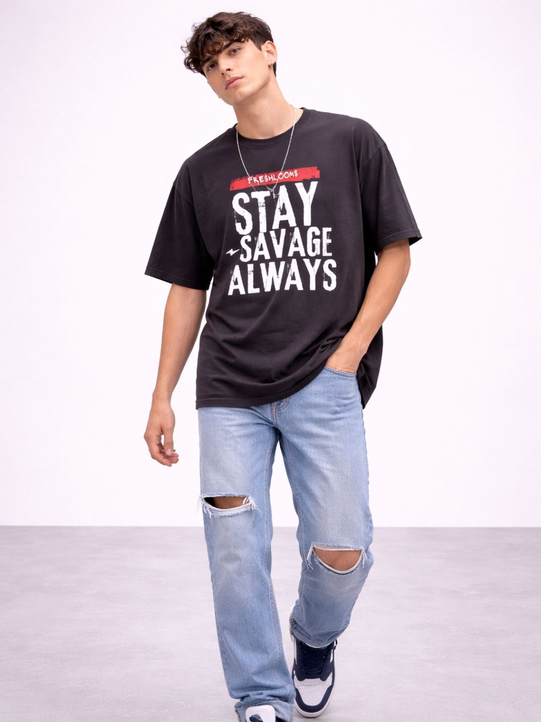 Freshlooms Men Charcoal Grey Oversized T-Shirt | 240 GSM Cotton | Stay Savage Always Graphic | Streetwear Fit
