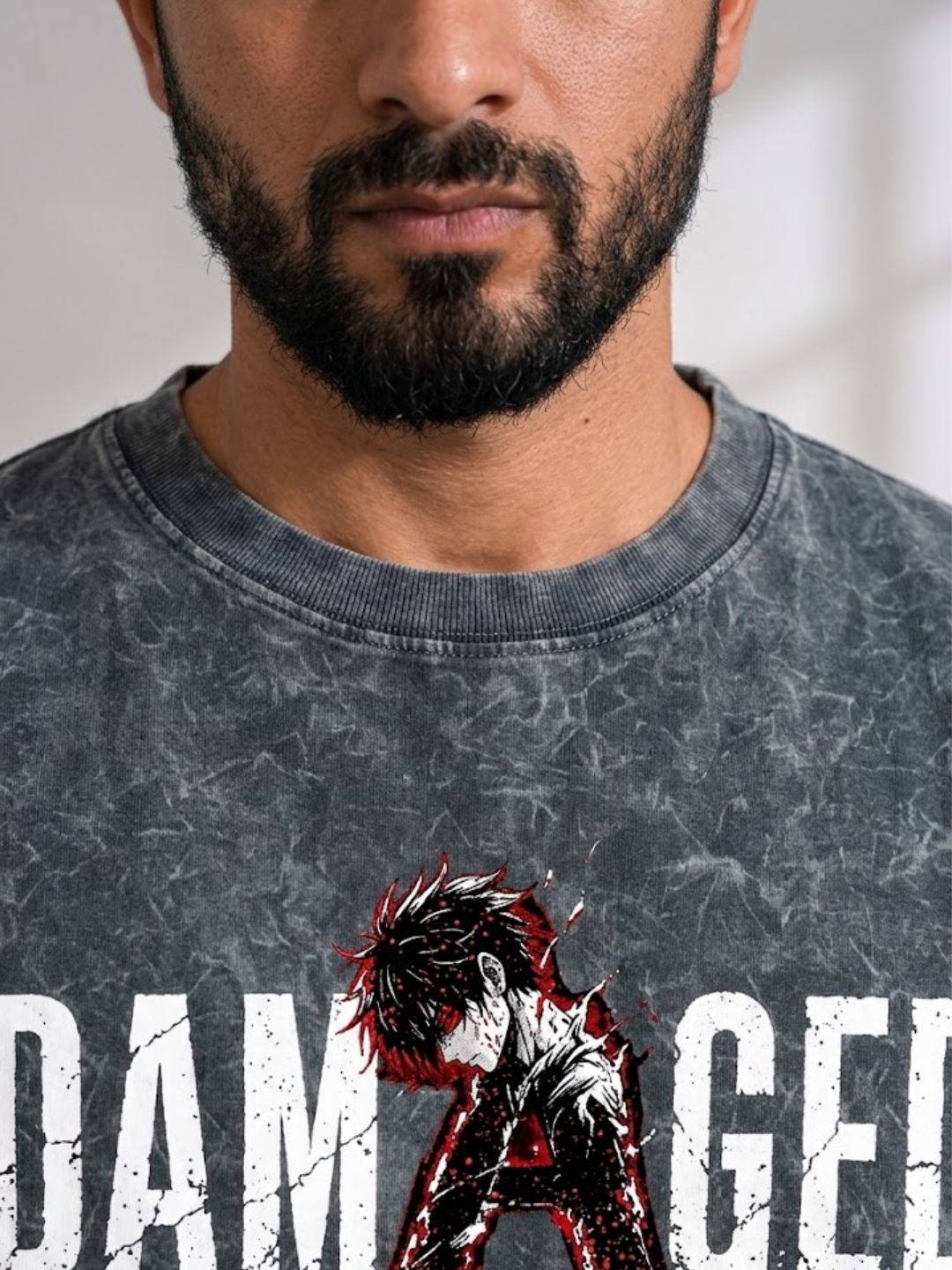 Freshlooms DAMAGED Men Oversized Acid Wash Graphic Printed T-Shirt