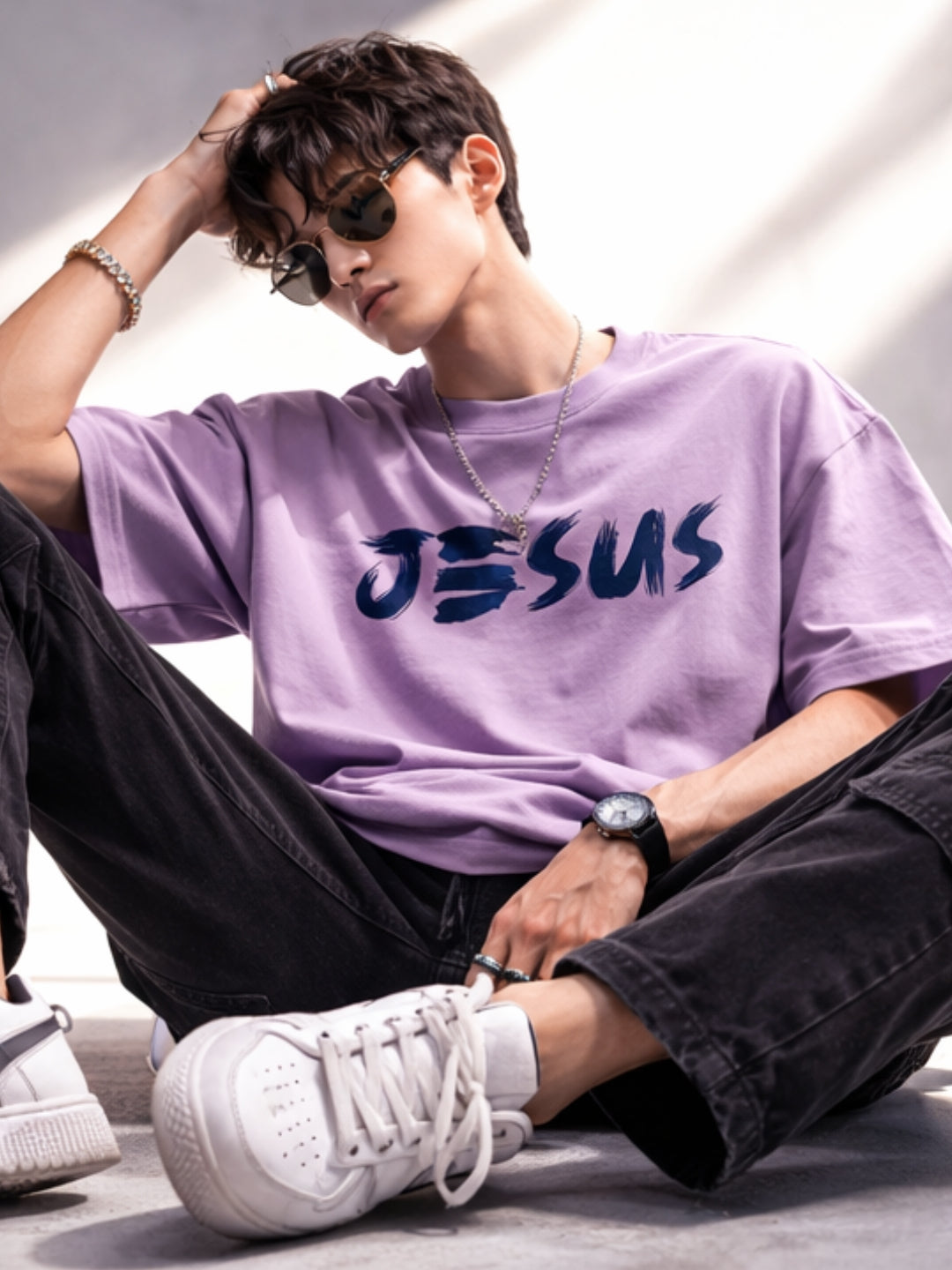 JESUS Oversized T-Shirt – Lavender Faith-Inspired Luxury Streetwear