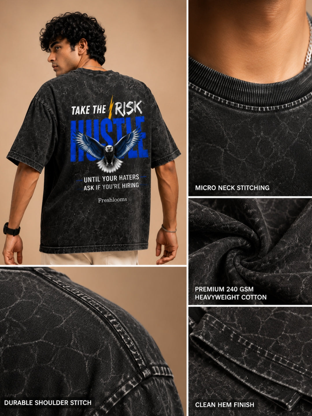 Freshlooms Men Oversized Graphic EAGLE Hustle Printed T shirt