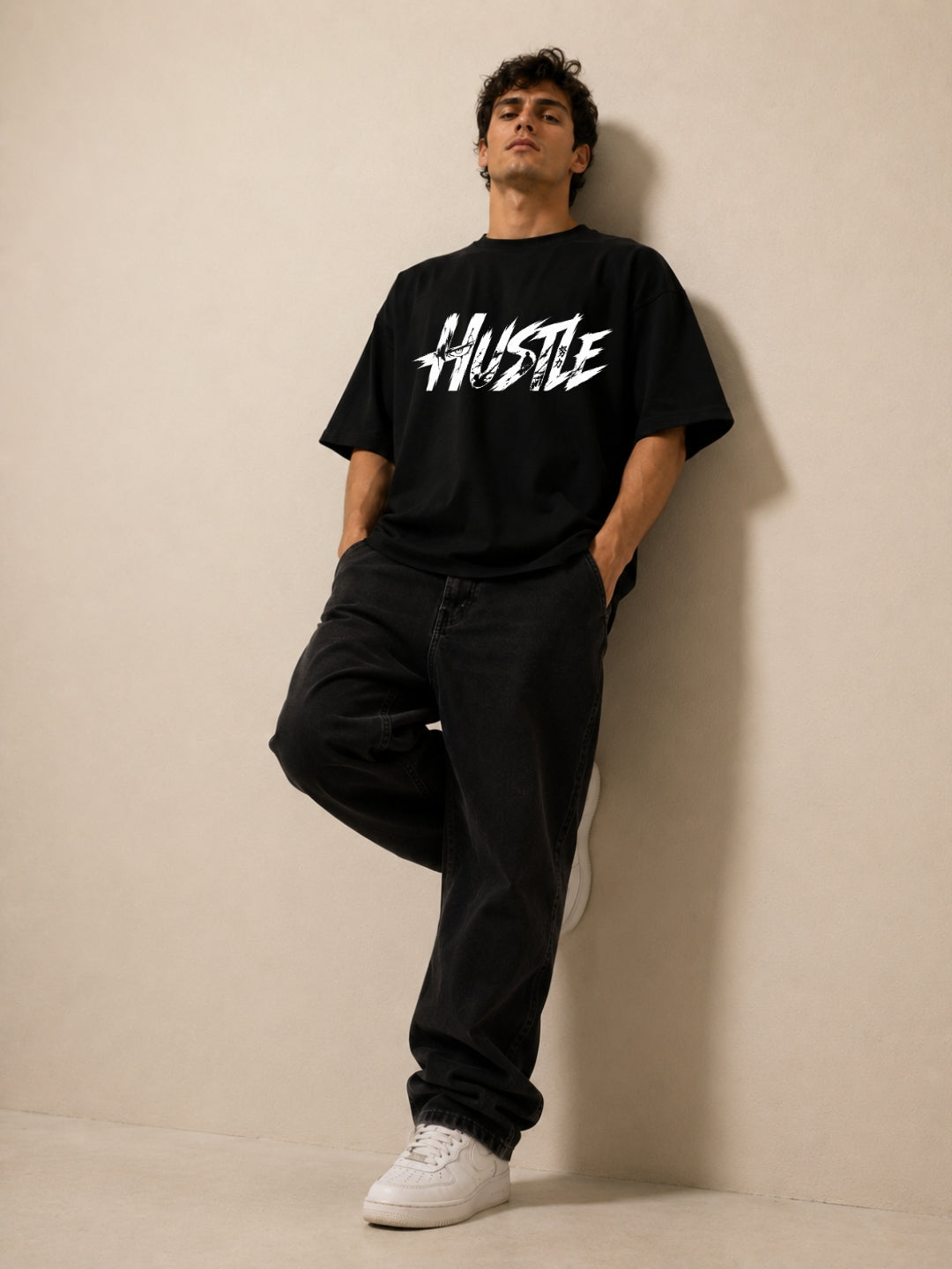 Freshlooms Hustle Oversized BLACK T-Shirt for Men – Premium Black Graphic Streetwear Tee