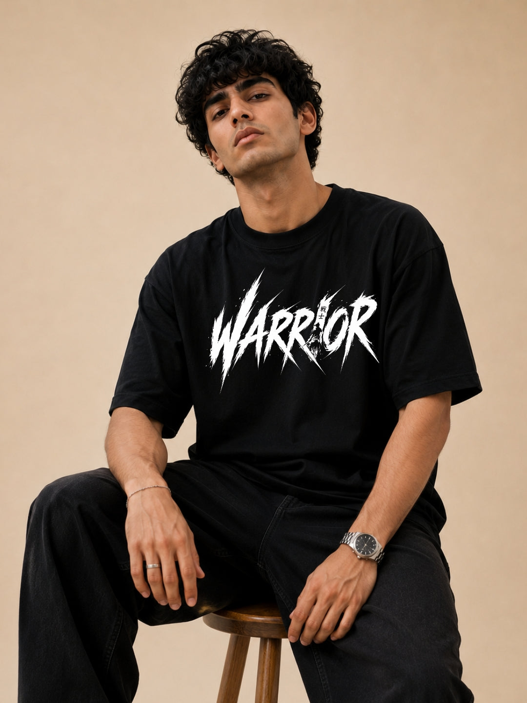 Freshlooms Warrior Graphic Printed Oversized T-Shirt for Men | Premium Cotton Drop Shoulder Loose Fit Streetwear Tee | Black
