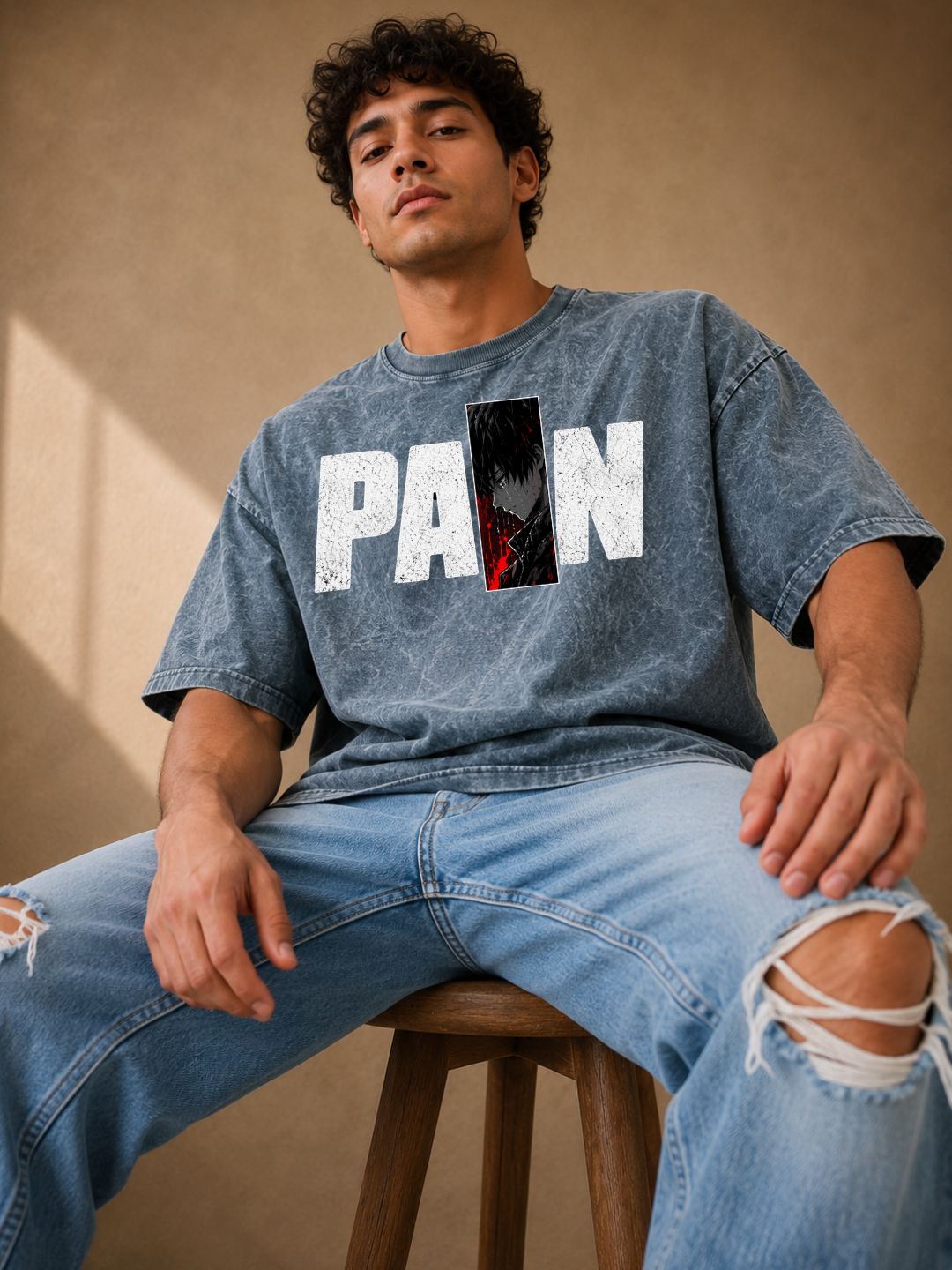 Freshlooms “PAIN” Men Oversized Acid Wash T-Shirt – Grey