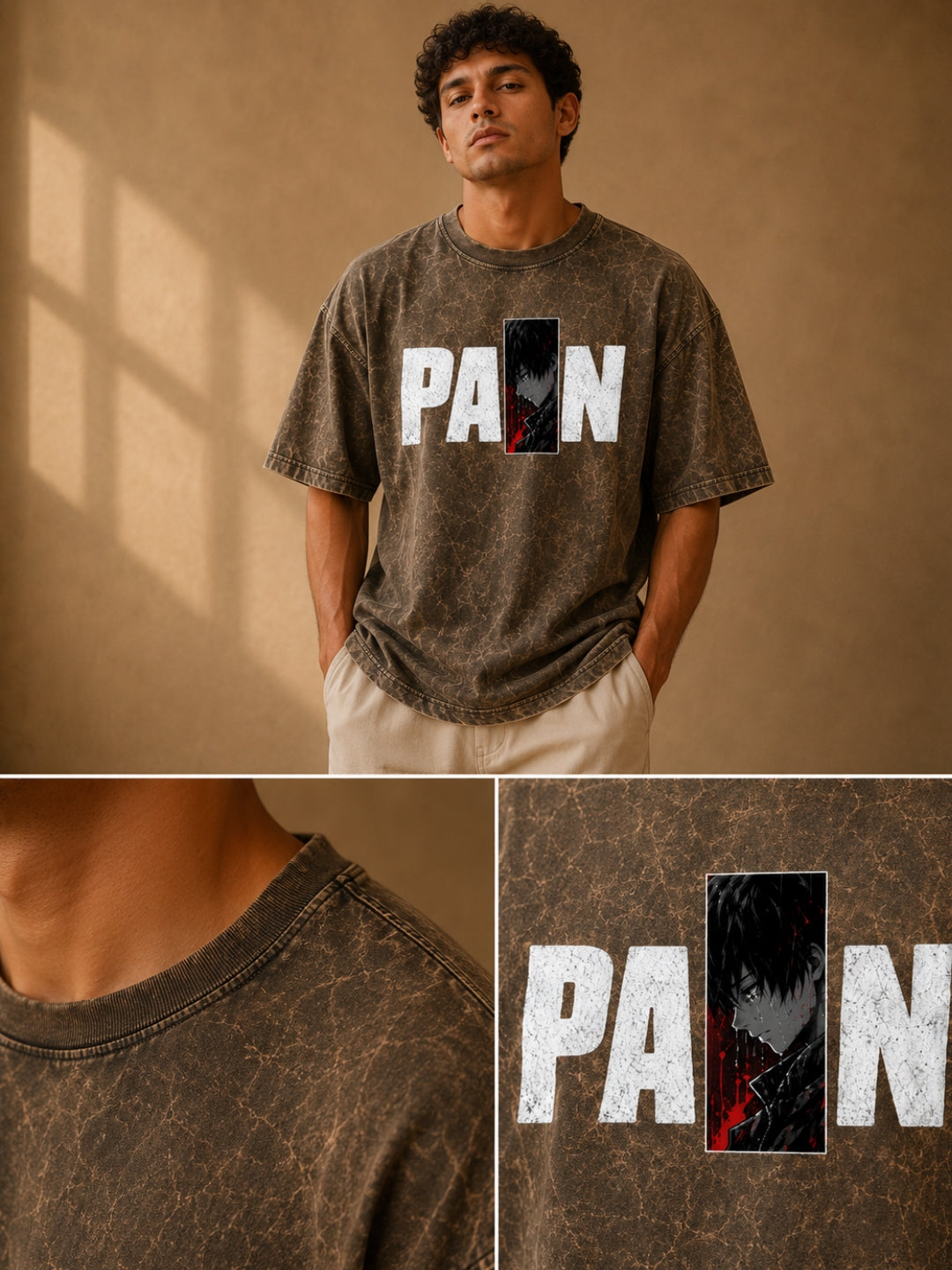 Freshlooms “PAIN” Oversized Acid Wash T-Shirt – Olive