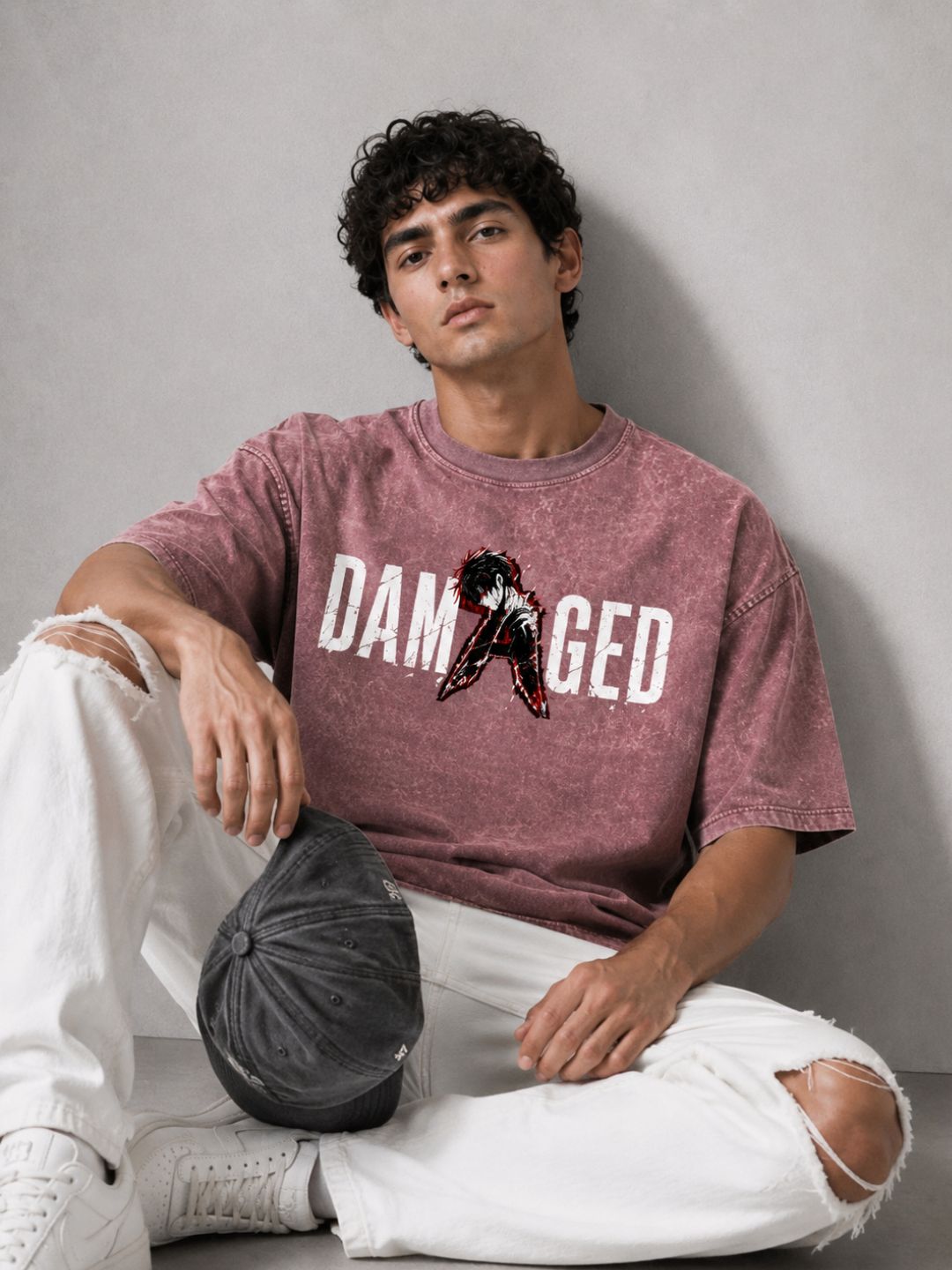 Freshlooms DAMAGED Men Oversized Acid Wash Graphic Printed T-Shirt