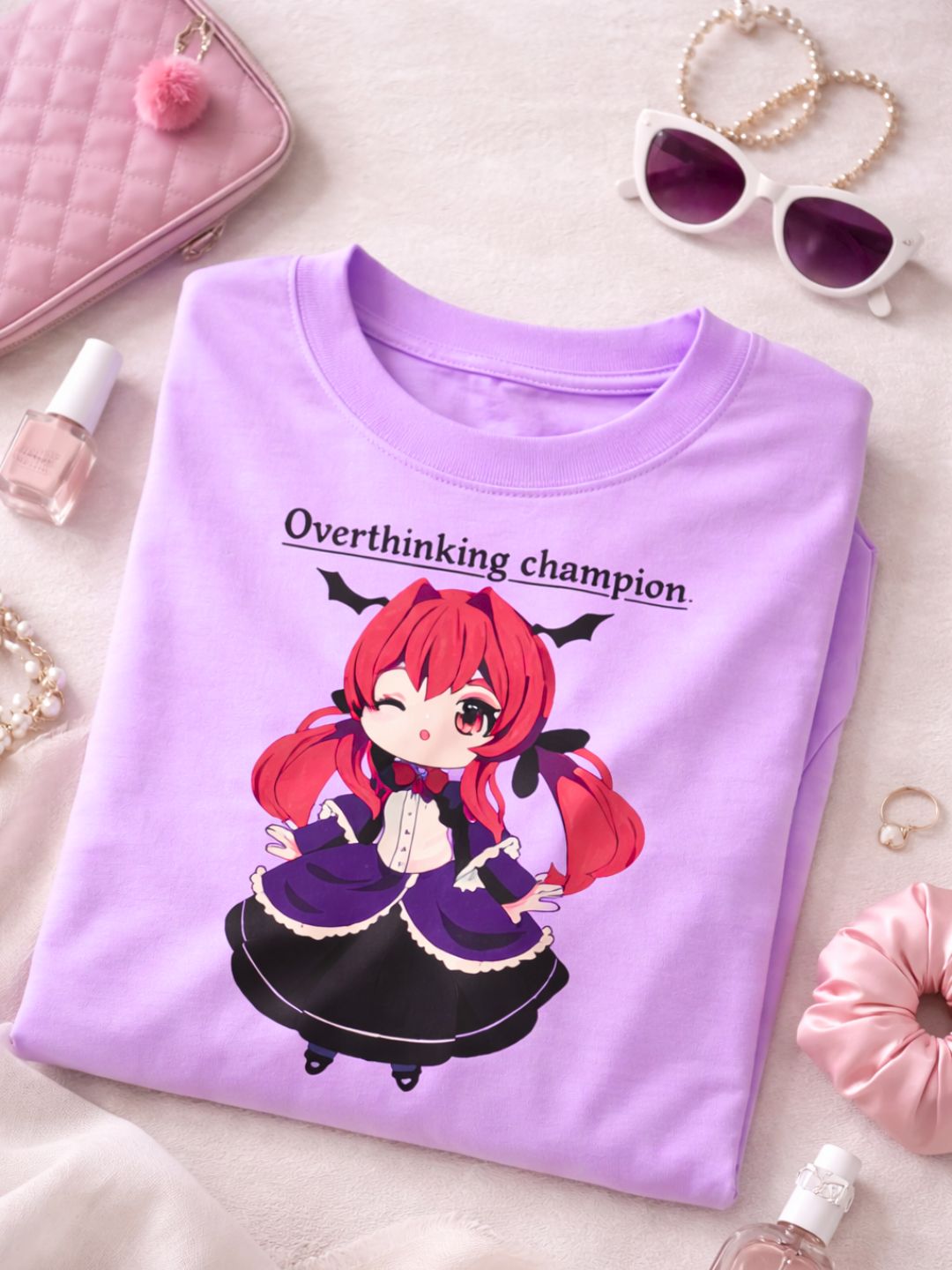Overthinking Champion Oversized T-Shirt – Lavender Anime Luxury Streetwear