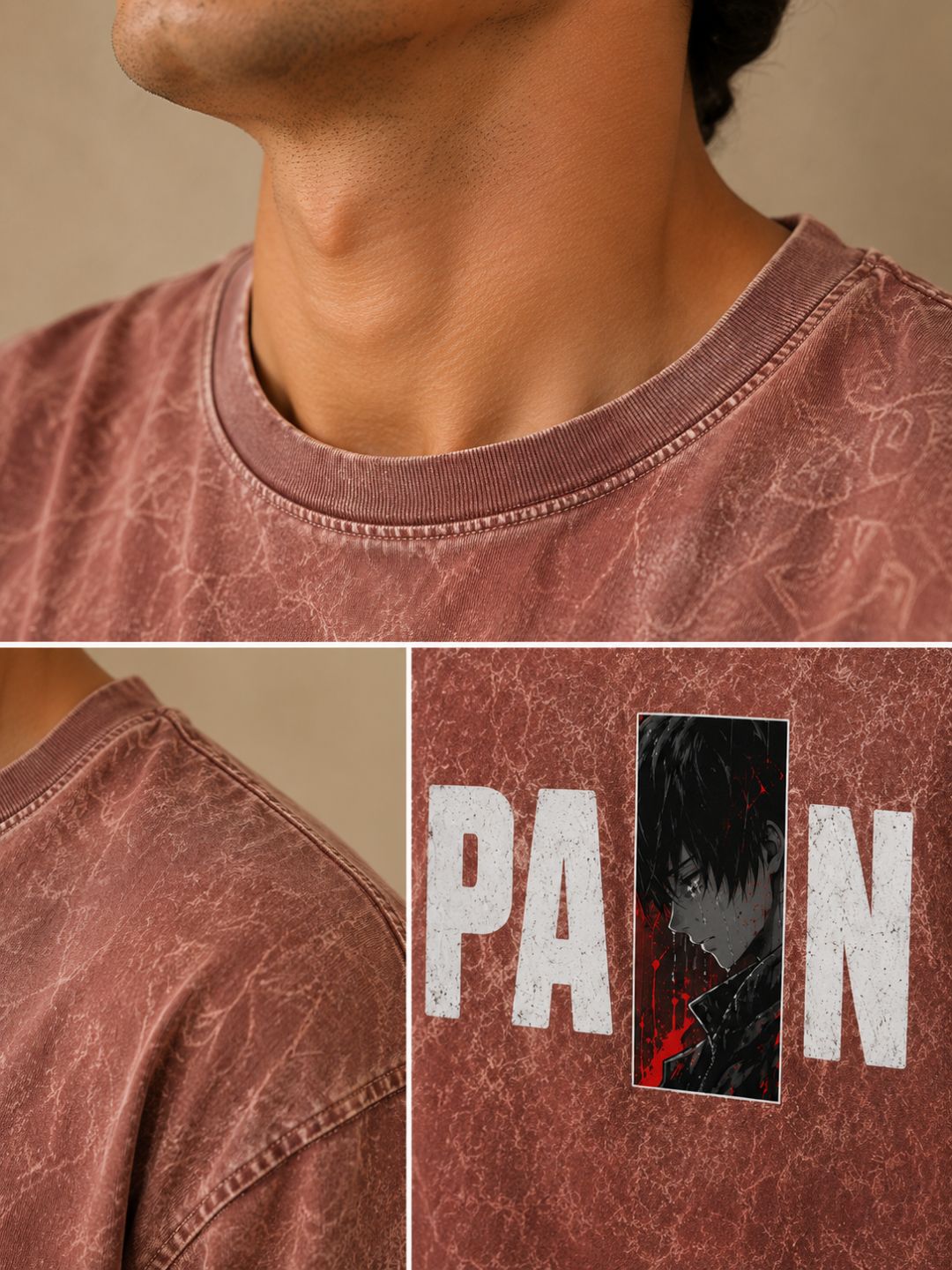 Freshlooms “PAIN” Oversized Acid Wash T-Shirt – Vintage Rose