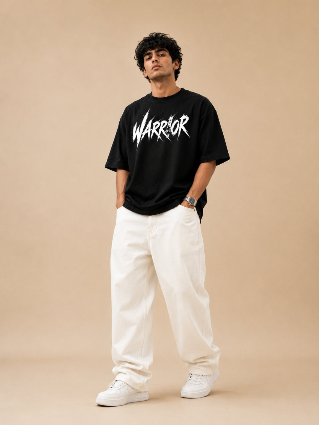 Freshlooms Warrior Graphic Printed Oversized T-Shirt for Men | Premium Cotton Drop Shoulder Loose Fit Streetwear Tee | Black